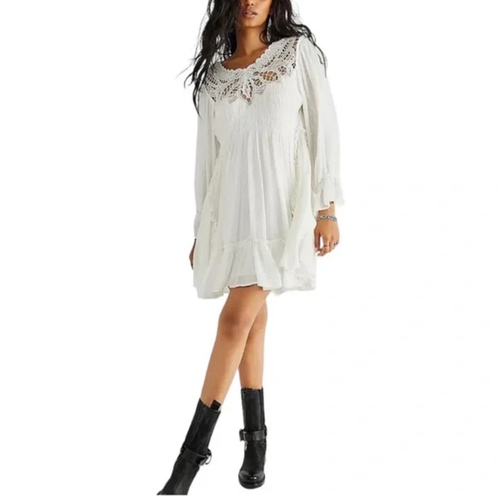 FREE PEOPLE | Lena Lace Long Sleeve Mini Dress in Ivory NWT